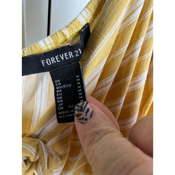 Forever 21 Medium Yellow Cream Stripe Tie Front Ruffle Sleeve Wide Leg Jumpsuit - Picture 5 of 9